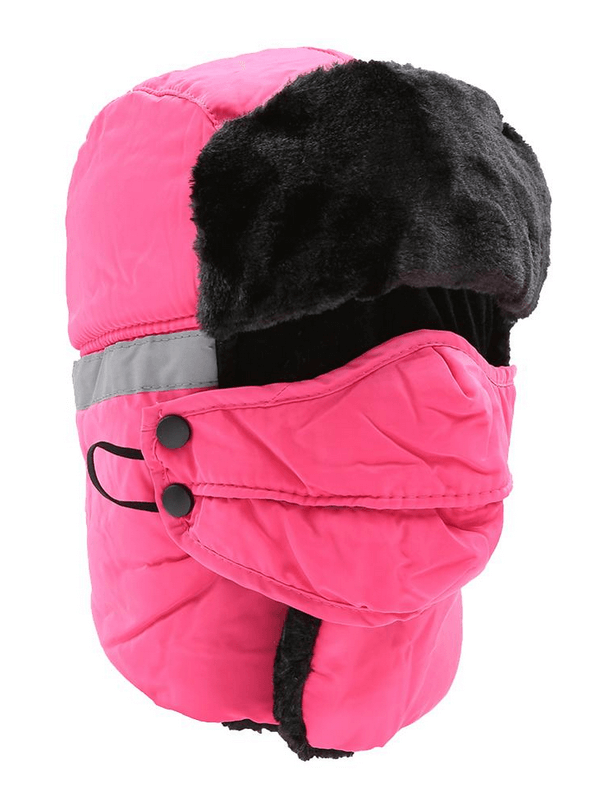 Bright pink winter ski cap with earflaps and closed neck, designed to protect from wind and cold on the slopes. Unisex and windproof. SF0953